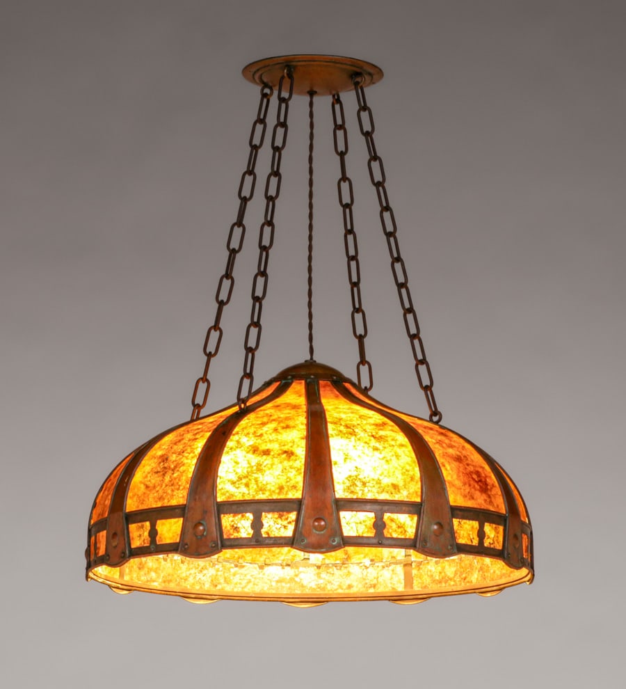 August Tiesselinck - Lillian Palmer Hammered Copper & Mica Hanging Chandelier c1914-1917: August Tiesselinck - Lillian Palmer Hammered Copper & Mica Hanging Chandelier c1914-1917. Tiesselinck left van Erp’s workshop March 1, 1914 to become foreman of Lillian Palmer’s Shop. The