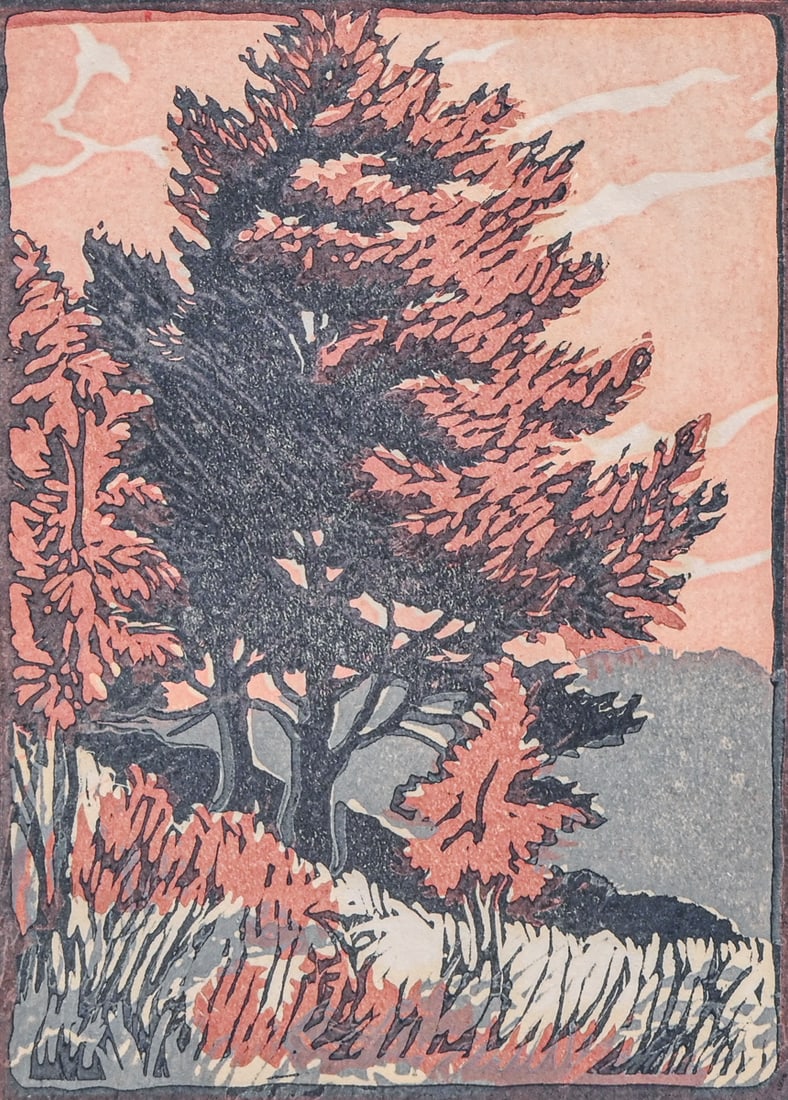Mary R. Pearson Color Woodcut "Pine at Sunset" c1920s: Mary R. Pearson Color Woodcut "Pine at Sunset" c1920s. Signed. Excellent condition. 8.5"h x 6"w. Frame 15"h x 12"w Buyer's Premium 27% A Buyer's Premium of 27% to be added to the hammer price of each