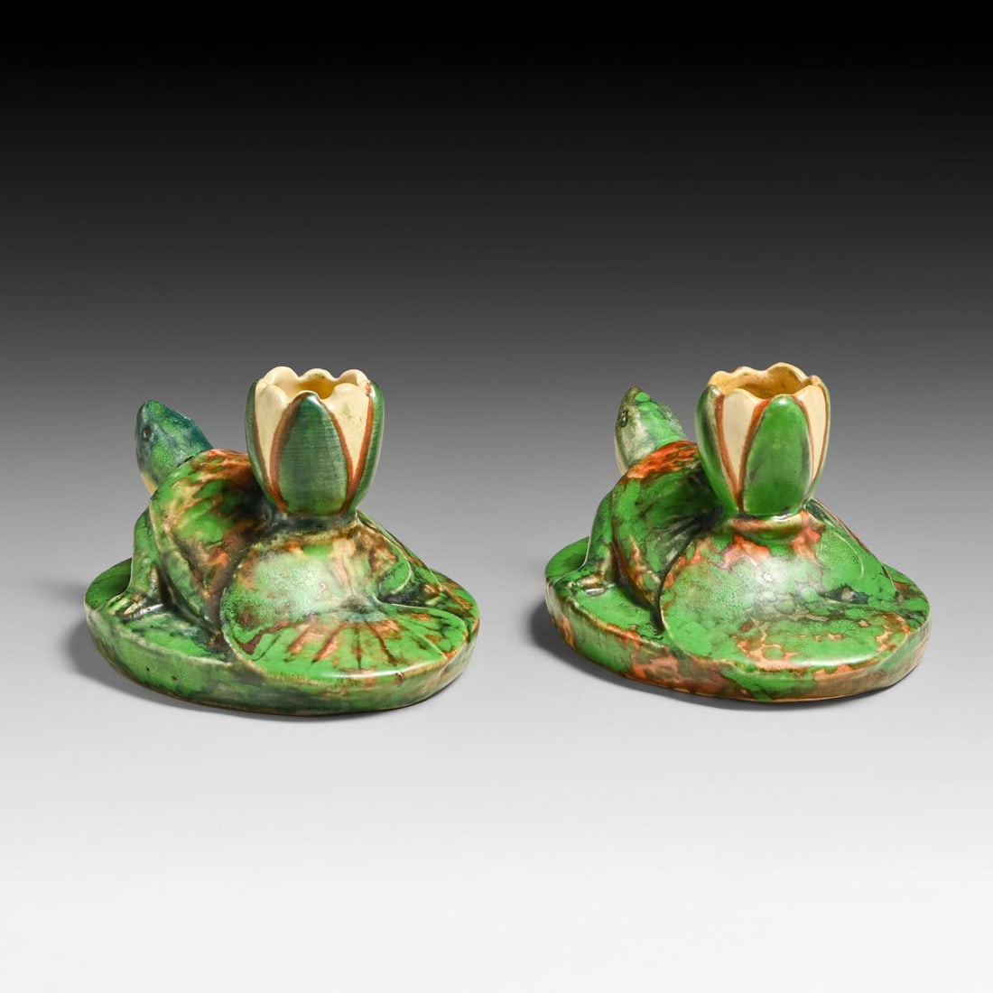 Weller Coppertone Turtle Pair Candlesticks c1910s - 2