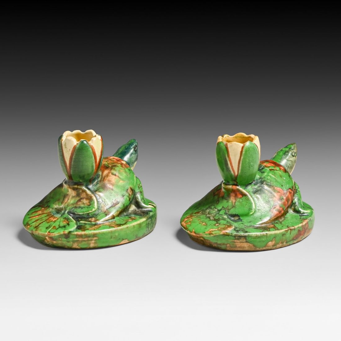 Weller Coppertone Turtle Pair Candlesticks c1910s - 3
