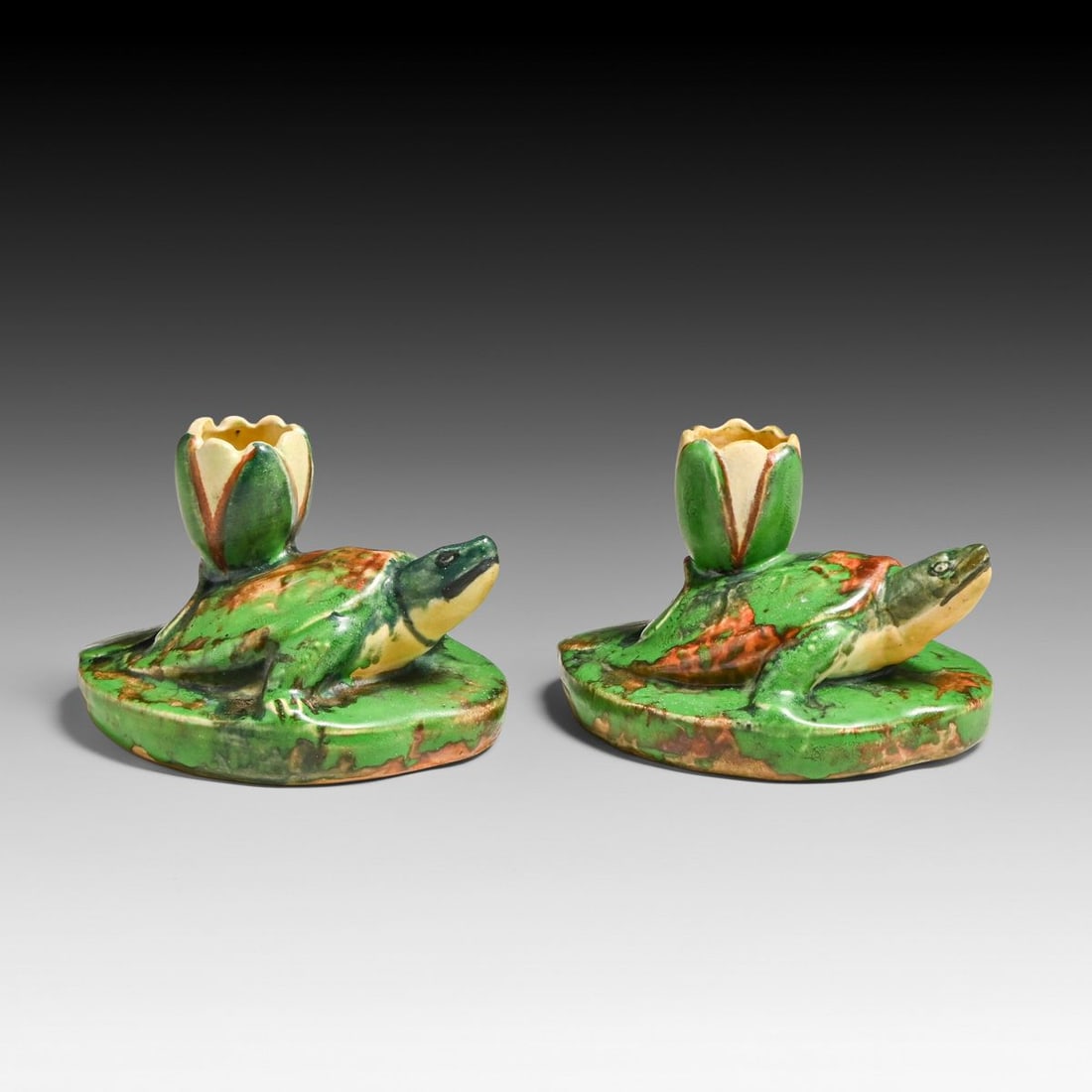 Weller Coppertone Turtle Pair Candlesticks c1910s - 4