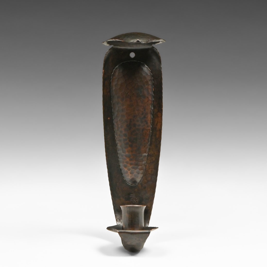 Roycroft Hammered Copper Candle Sconce c1915: Roycroft Hammered Copper Candle Sconce c1915. Signed with earlier mark. Excellent original patina. 9"h x 2.5"w Buyer's Premium 27% A Buyer's Premium of 27% to be added to the hammer price of each lot 