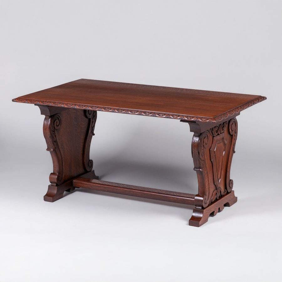 Mathews Furniture Shop – San Francisco Hand-Carved Table c1906-1918: Mathews Furniture Shop – San Francisco Hand-Carved Table c1906-1918. Unsigned. Top refinished perfectly to match original finish. 60?w x 35.5?d x 30?h FREE NATIONWIDE SHIPPING Free Nationwide