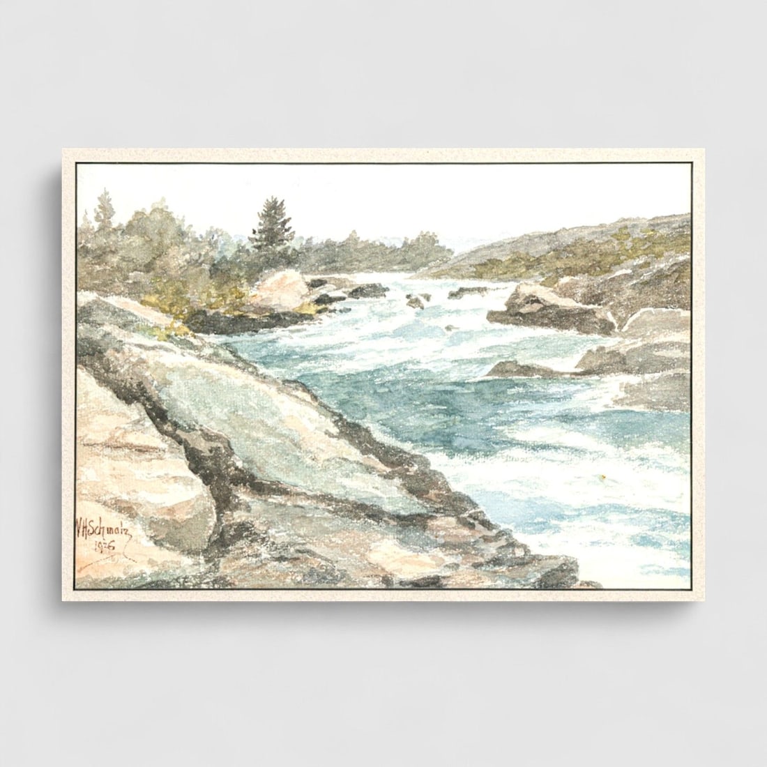 W.H. Schmalz Watercolor Mathias Falls Muskoka, Canada 1926: W.H. Schmalz Watercolor Mathias Falls Muskoka, Canada 1926. Signed. Excellent condition. 8"h x 11.5"w. Frame 13 7/8"h x 17 3/8"w FREE NATIONWIDE SHIPPING Free Nationwide Shipping within the lower 48 s