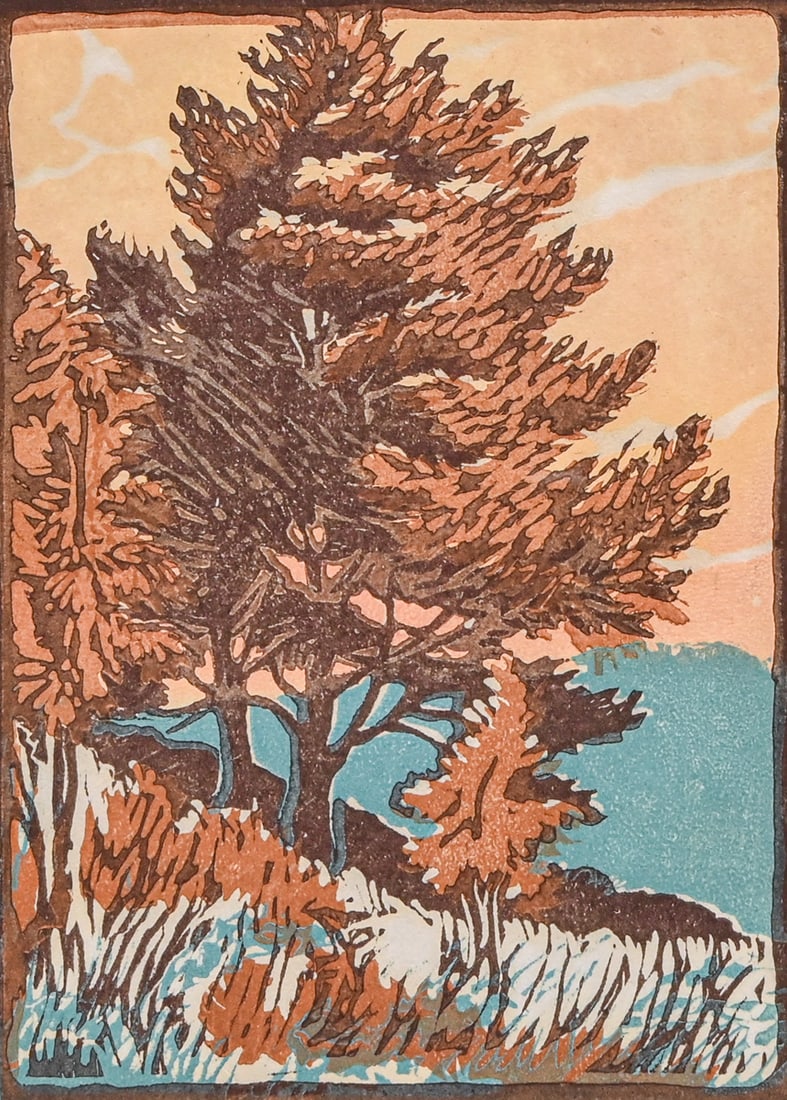 Mary R. Pearson Color Woodcut "Pine at Sunset" c1920s: Mary R. Pearson Color Woodcut "Pine at Sunset" c1920s. Signed. Excellent condition. 8.5"h x 6"w. Frame 15"h x 12"w Buyer's Premium 27% A Buyer's Premium of 27% to be added to the hammer price of each