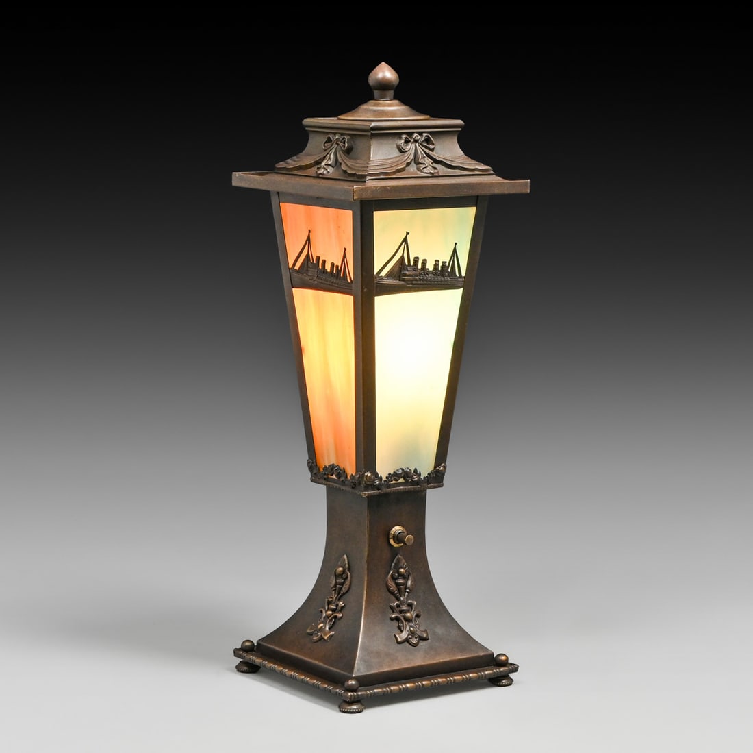 RMS Titanic Copper Overlay Slag Glass Lamp c1920s: RMS Titanic Copper Overlay Slag Glass Lamp c1920s. Unsigned. Excellent original patina. Original slag glass in perfect condition. 15.5"h x 5.5" x 5.5" FREE NATIONWIDE SHIPPING Free Nationwide Shipping