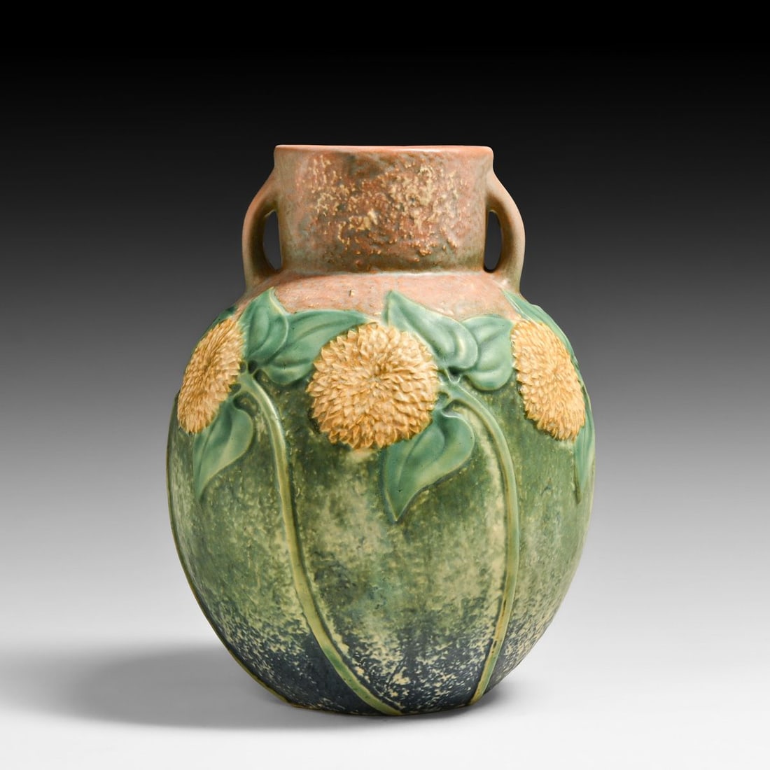 Roseville Pottery Sunflower Two-Handled Vase c1930s: Roseville Pottery Sunflower Two-Handled Vase c1930s. Unsigned. Tight line in base, otherwise perfect condition. 9.25"h x 7"d FREE NATIONWIDE SHIPPING Free Nationwide Shipping within the lower 48 state