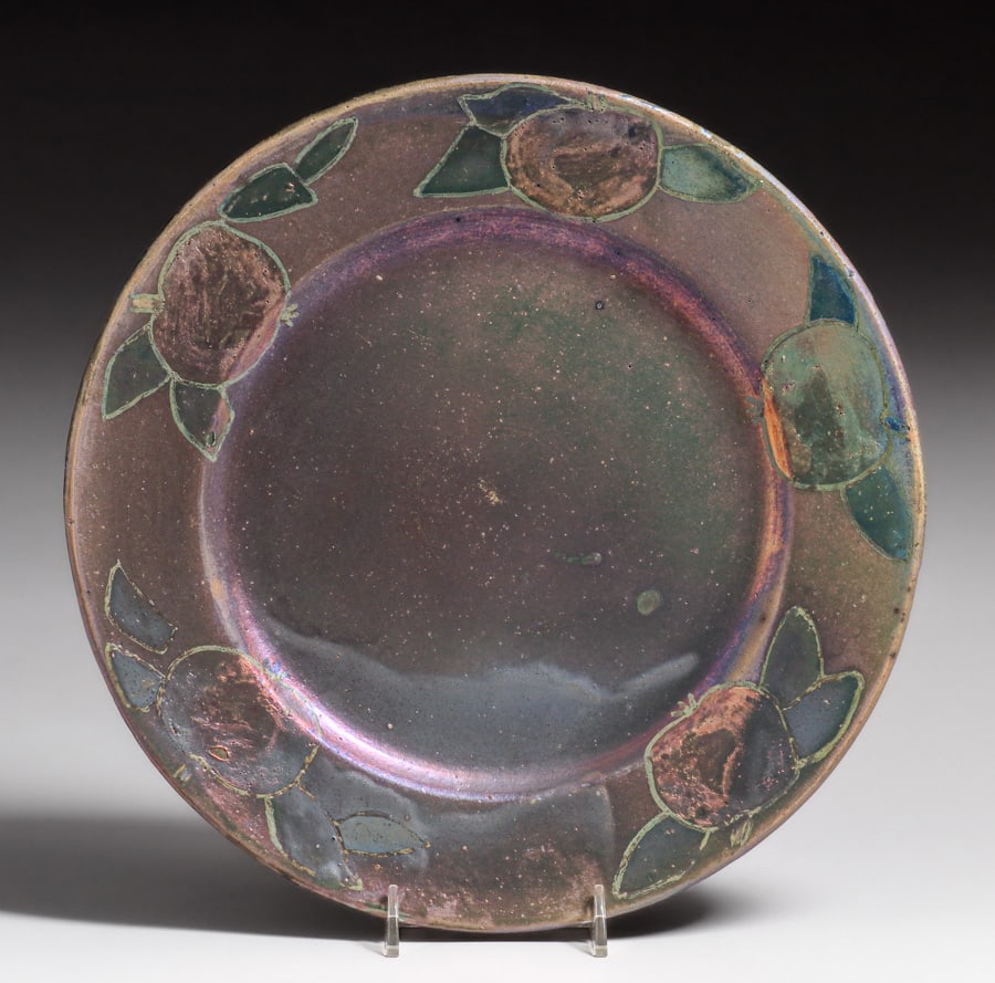 Early Pewabic Pottery Iridescent Apple Blossom Plate c1910: Early Pewabic Pottery Iridescent Apple Blossom Plate c1910. Artist initialed, otherwise unsigned. Perfect condition. 10 7/8"d FREE NATIONWIDE SHIPPING Free Nationwide Shipping within the lower 48 stat
