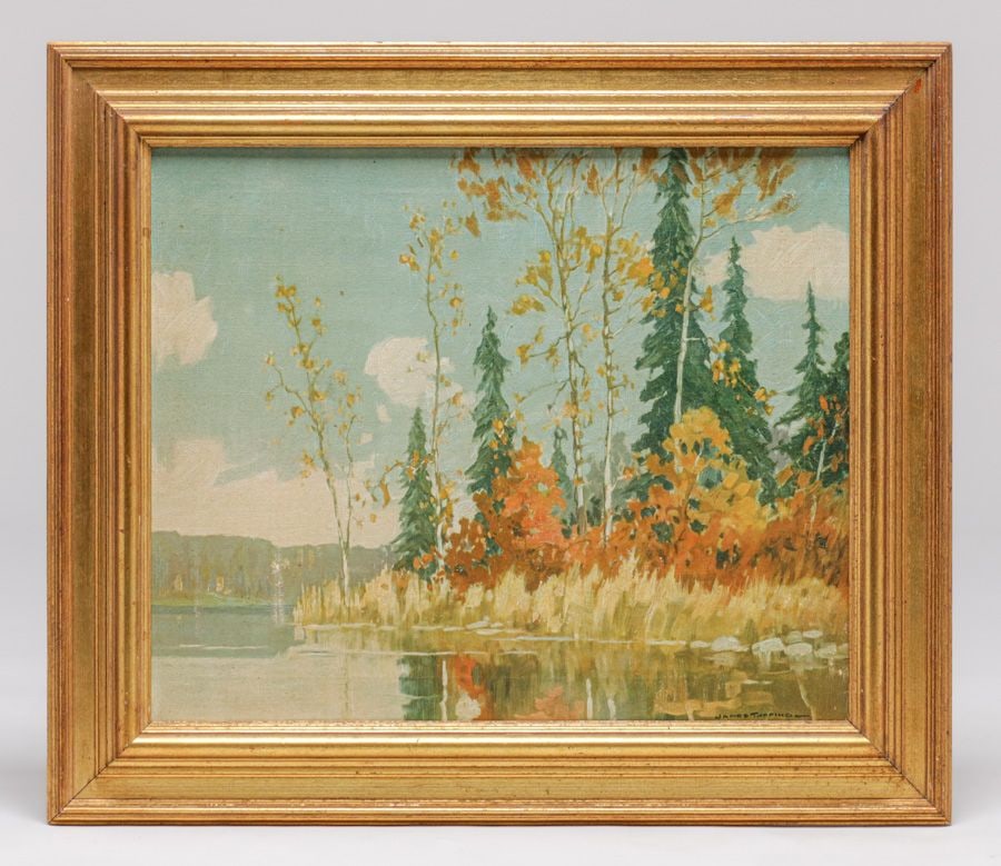 James Topping (1879-1948) Illinois Painting Autumn Trees c1920s: James Topping (1879-1948) Illinois Painting Autumn Trees c1920s. Signed. Invisible professional restoration only visible from the back. Excellent condition. 17"h x 20.25"w. Frame 22.25"h x 25.75"w