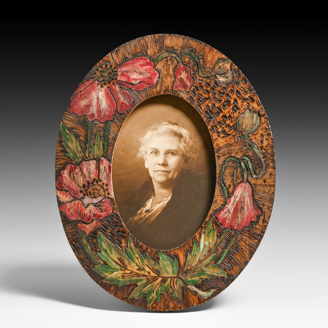 Arts & Crafts Period Hand-Carved & Painted Pyrography Oval Frame c1910 (1 of 5)