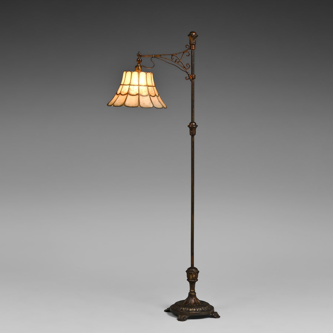 American Art Nouveau Brass & Translucent Shell Floor Lamp c1910s: American Art Nouveau Brass & Translucent Shell Floor Lamp c1910s. Unsigned. Excellent original patina. Original shell shade in perfect condition. 59.75"h x 12"d shade FREE NATIONWIDE SHIPPING Free Nat