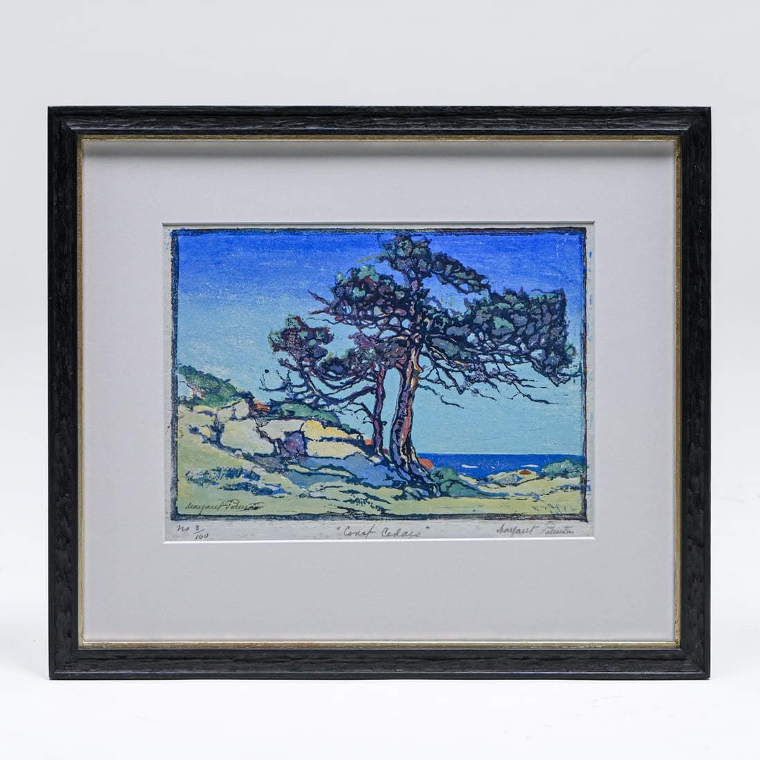 Margaret j. Patterson (1867-1950) Color Woodcut "Coast Cedars" c1920s: Margaret j. Patterson (1867-1950) Color Woodcut “Coast Cedars” c1920s. Signed. Excellent condition. Tim Holton hand-carved custom frame. This impression features museum-quality stabilization