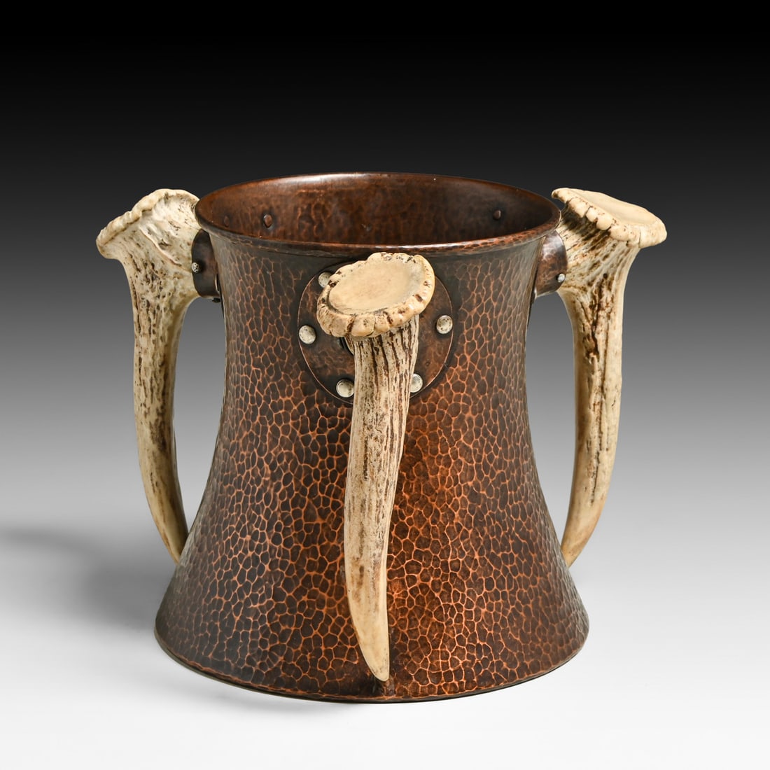 Joseph Heinrichs Hammered Copper, Sterling Silver & Antler Handle Vase c1905: Joseph Heinrichs Hammered Copper, Sterling Silver & Antler Handle Vase c1905. Heinrichs signed these pieces with the "Copper and Silver" and made these pieces for other retailers. Excellent new
