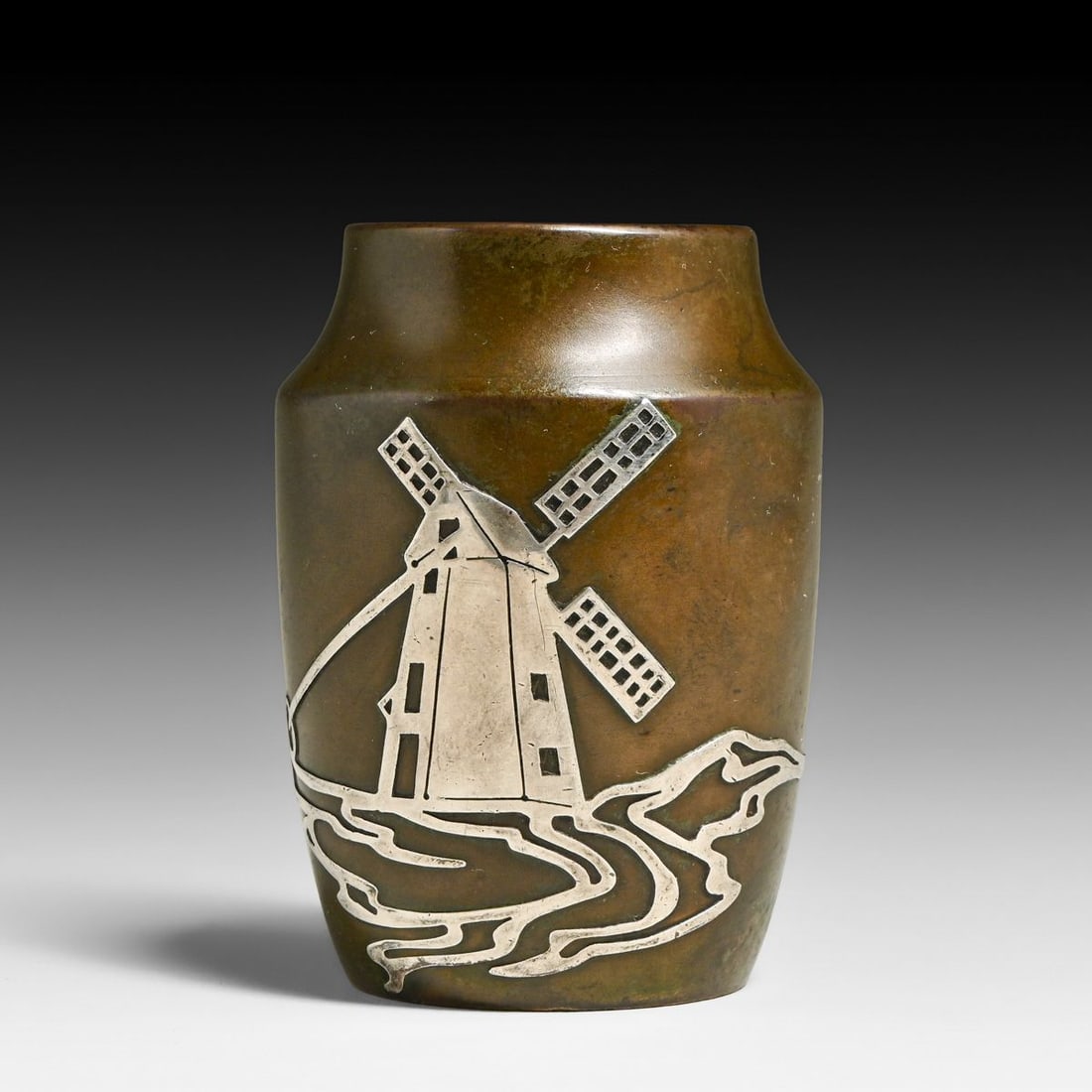Heintz #3642 Sterling on Bronze Windmill Vase c1915: Heintz #3642 Sterling on Bronze Windmill Vase c1915. Signed. Excellent original patina. 4"h x 2.5"d FREE NATIONWIDE SHIPPING Free Nationwide Shipping within the lower 48 states for all purchases at ou