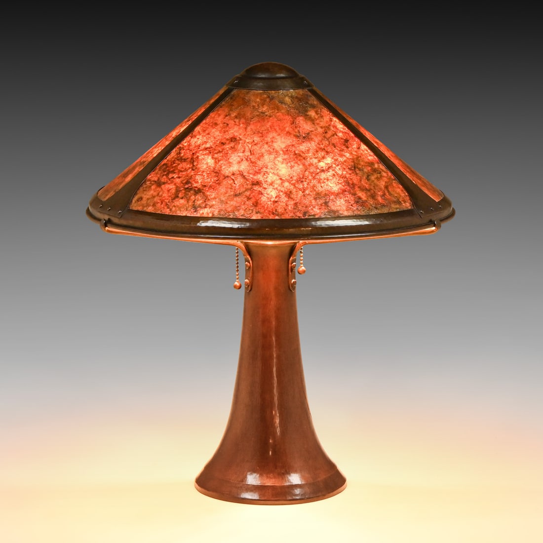 Dirk van Erp Hammered Copper & Mica Trumpet Lamp c1914: Dirk van Erp Hammered Copper & Mica Trumpet Lamp c1914. Signed with open-box mark. Excellent original patina and original mica. 20"h x 17"d FREE NATIONWIDE SHIPPING Free Nationwide Shipping within