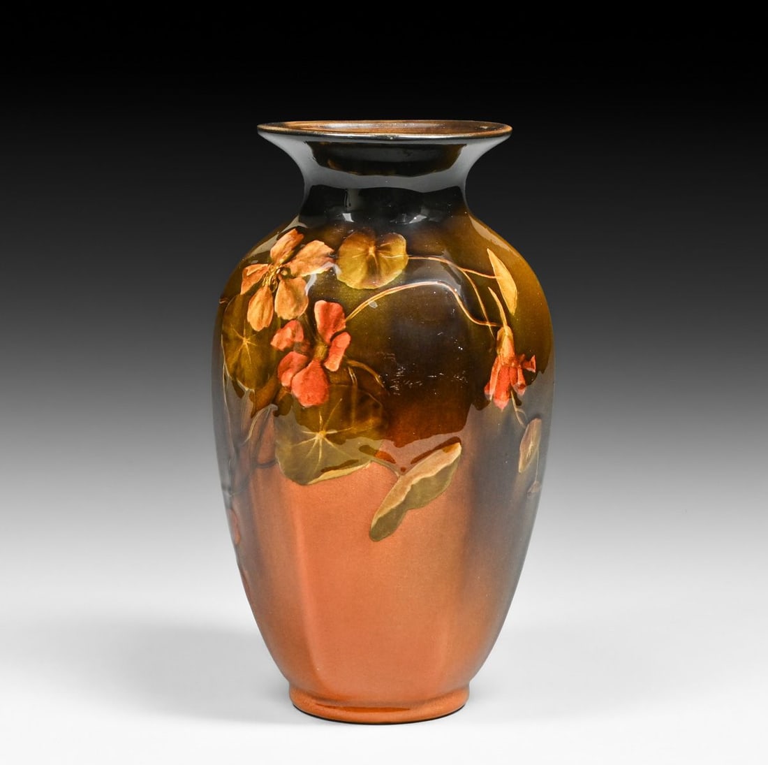 Rookwood Pottery Lenore Asbury Nasturtium Flower Standard Glaze Vase 1895: Rookwood Pottery Lenore Asbury Nasturtium Flower Standard Glaze Vase 1895. Signed. Nearly invisible retoration to rim and some surface scuffs. 8.5"h x 4.75"d FREE NATIONWIDE SHIPPING Free Nationwide