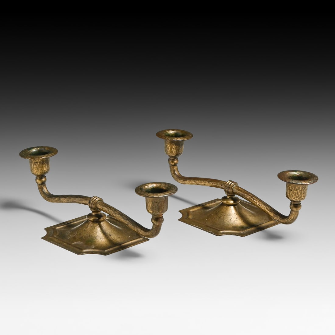 Pair Roycroft Hammered Copper Double Candlesticks c1920s - 2