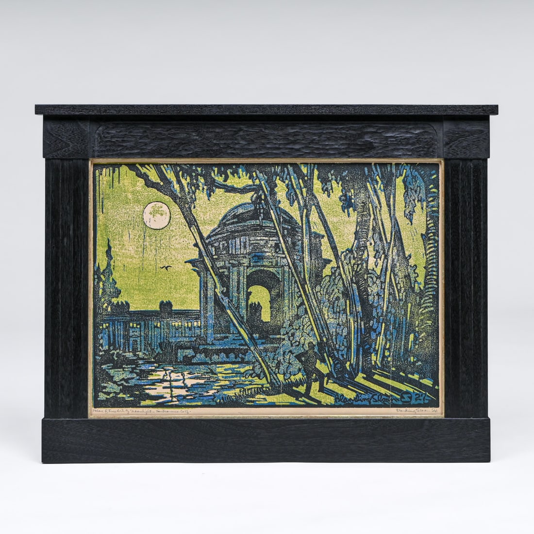 James Blanding Sloan (1886-1975) Large Color Woodcut "Palace of Fine Arts by Moonlight – San: James Blanding Sloan (1886-1975) Large Color Woodcut "Palace of Fine Arts by Moonlight – San Francisco" 1927. Signed. Colors remain exceptionally strong and vibrant. The sheet displays minor, vertic