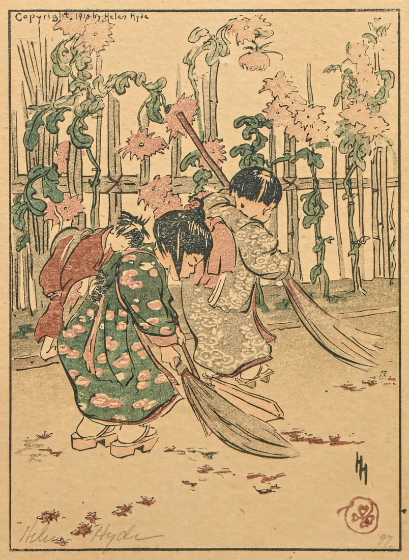 Helen Hyde (1868-1919) Color Woodcut "New Brooms" 1910: Helen Hyde (1868-1919) Color Woodcut "New Brooms" 1910. Signed. Excellent condition. 7.75"h x 5.75"w. Frame 13"h x 10.75"w FREE NATIONWIDE SHIPPING Free Nationwide Shipping within the lower 48 states
