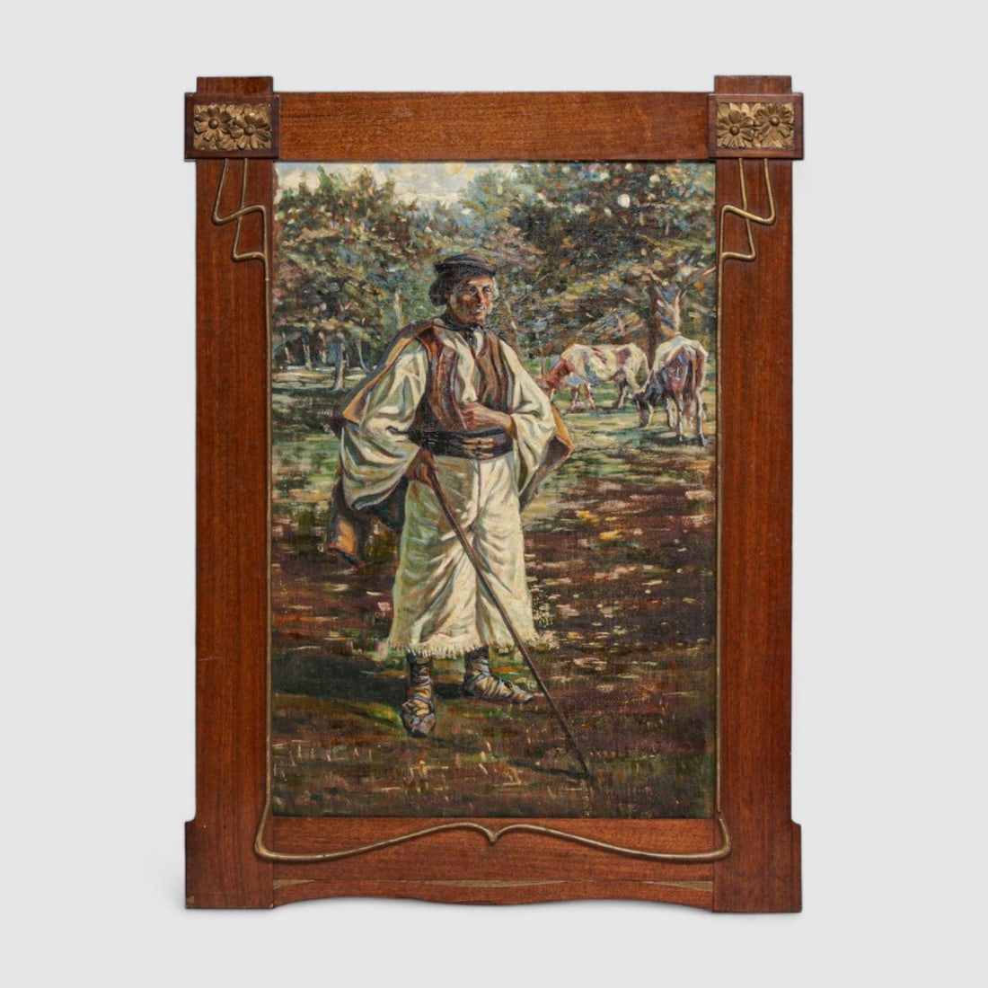 Large Art Nouveau Framed Shepard Painting c1900s: Large Art Nouveau Framed Shepard Painting c1900s. Unsigned. Several small chips to original Art Nouveau Frame. Painting in excellent condition. 36"h x 24.5"w. Frame 44 5/8"h x 33"w FREE NATIONWIDE