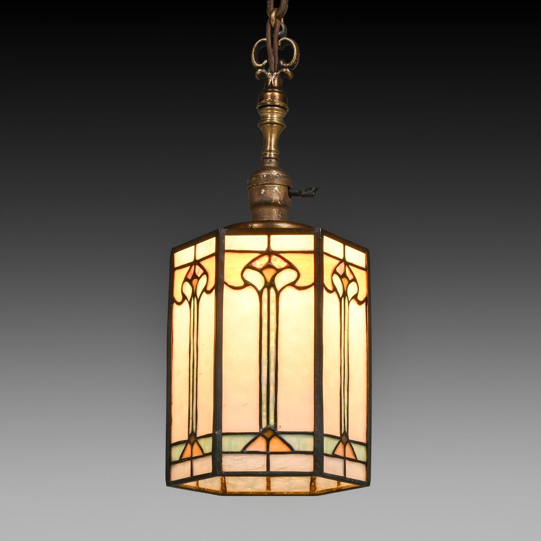Arts & Crafts Period Brass & Leaded Glass Hanging Light c1910: Arts & Crafts Period Brass & Leaded Glass Hanging Light c1910. Unsigned. Excellent original patina. Original leaded glass in excellent condition. 31.5"h overall x 6.75"d FREE NATIONWIDE SHIPPING Free