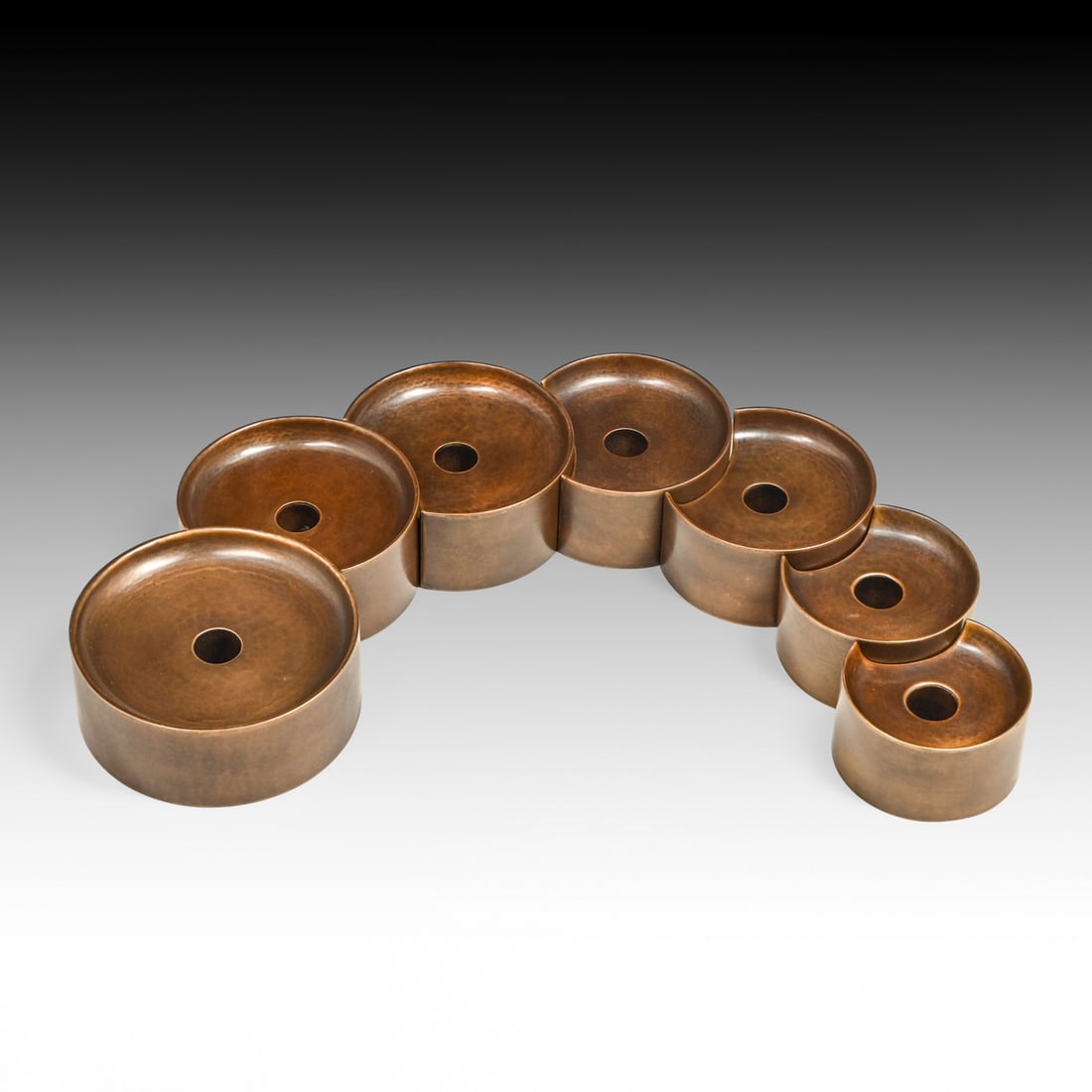 Dirk van Erp Modernist Seven Piece Hammered Brass Candle Set c1950s: Dirk van Erp Modernist Seven Piece Hammered Brass Candle Set c1950s. Signed. Excellent new patina. Largest candlestick 5.25"d x 2"h. Maximum width with all 7 pieces connected 24.25"w FREE NATIONWIDE S