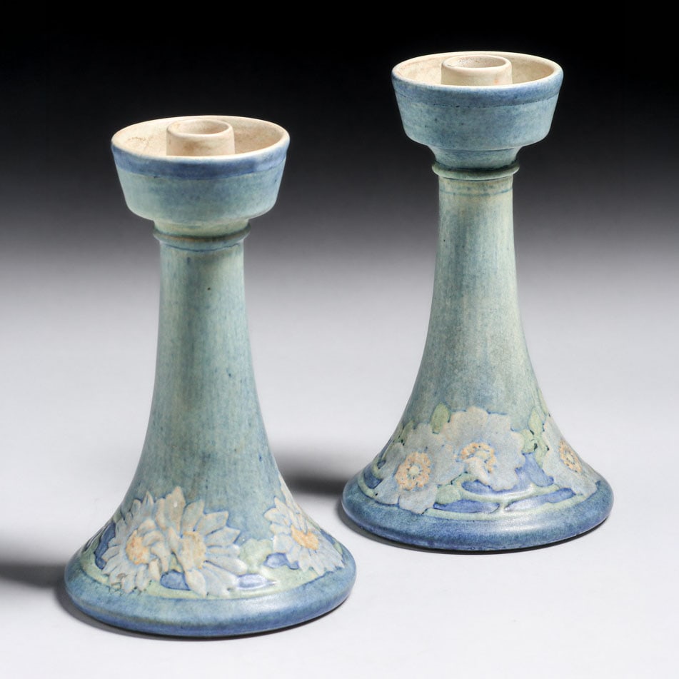 Newcomb College Alma Mason Daisy Candlesticks 1914: Newcomb College Alma Mason Daisy Candlesticks 1914. Signed. Invisible professional restoration to rim chip, otherwise perfect condition. 7"h x 4.25"d FREE NATIONWIDE SHIPPING Free Nationwide Shipping 