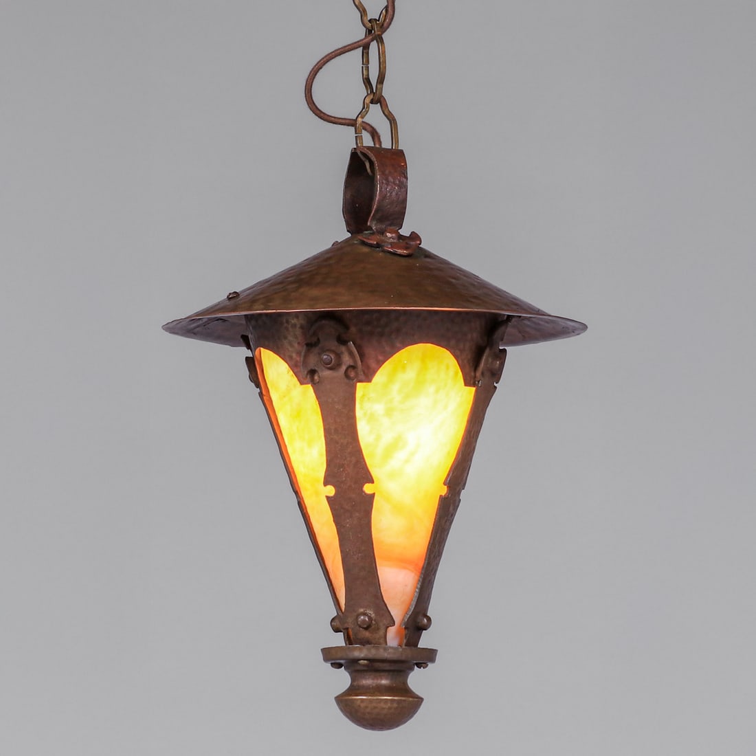 Arts & Crafts Period Brass & Slag Glass Hanging Pendant Light c1910: Arts & Crafts Period Brass & Slag Glass Hanging Pendant Light c1910. Unsigned. Excellent original patina. Original glass in perfect condition. 13?h x 9?d x 39? overall with chain FREE NATIONWIDE