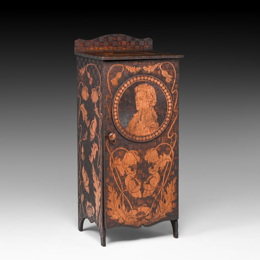 Wolfgang Amadeus Mozart Arts & Crafts Period Pyrography Sheet Music Cabinet c1910: Wolfgang Amadeus Mozart Arts & Crafts Period Pyrography Sheet Music Cabinet c1910. Probably made by G.F. Madden but not signed. Excellent original finish. 40"h x 17.25"w x 14.5"d FREE NATIONWIDE