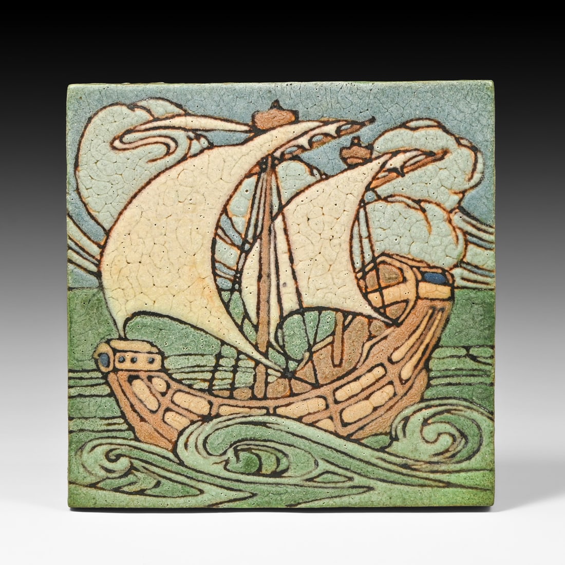 Large Grueby Faience Seven-Color Galleon Ship Tile c1905: Large Grueby Faience Seven-Color Galleon Ship Tile c1905. Signed with artist initials. Invisible professional restoration to lower right corner, otherwise perfect condition. 9.25" x 9.25" FREE