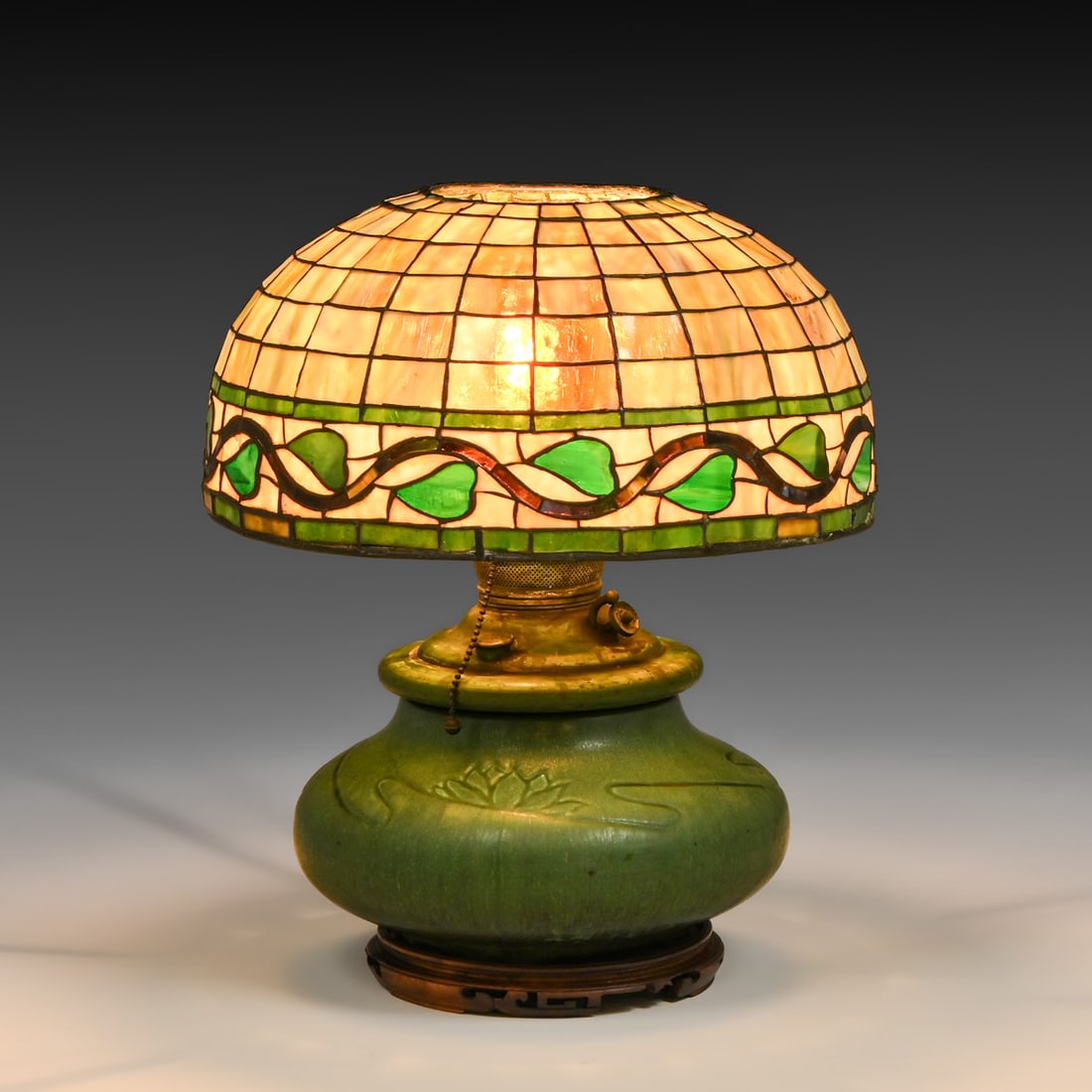 Hampshire Pottery Leaded Glass Converted Kerosene Lamp c1900 (1 of 6)
