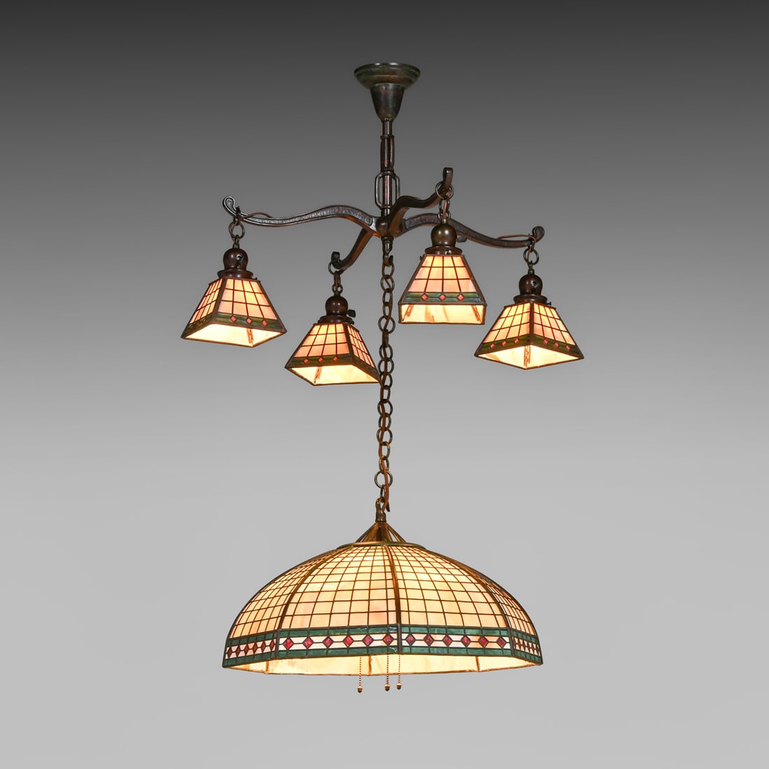 Exquisite Handel Geometric Overlay Chandelier c1910: Exquisite Handel Geometric Overlay Chandelier c1910. Signed. Excellent original patina. Original glass in perfect condition. Variable overall height between 32" and 62" x 32"d FREE NATIONWIDE SHIPPING