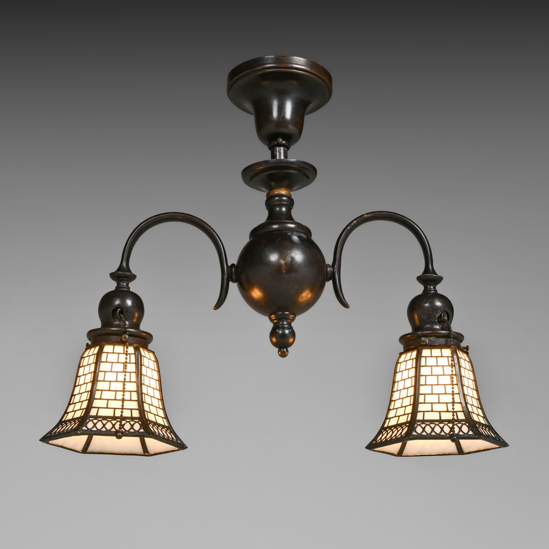 Handel Double Overlay Hanging Light c1910: Handel Double Overlay Hanging Light c1910. Signed. Color added to original patina. Oriignal glass in perfect condition. 17"h x 19.5"w x 6.5" FREE NATIONWIDE SHIPPING Free Nationwide Shipping within th