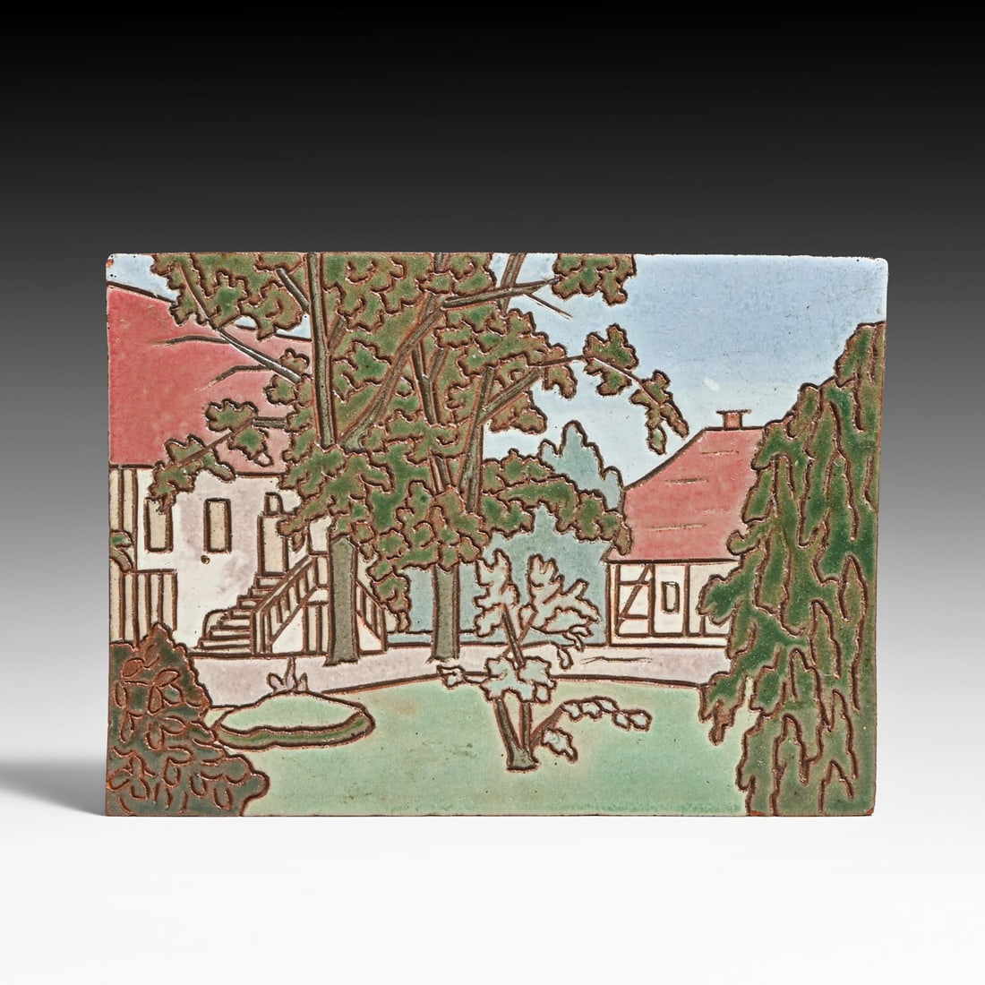 Byrdcliffe Hand-Carved Scenic Tile 1906: Byrdcliffe Hand-Carved Scenic Tile 1906. This is a scene of the Byrdcliffe Art Colony residences and is only signed by artist and dated 1906. Tiny fleck to upper left, otherwise perfect condition.