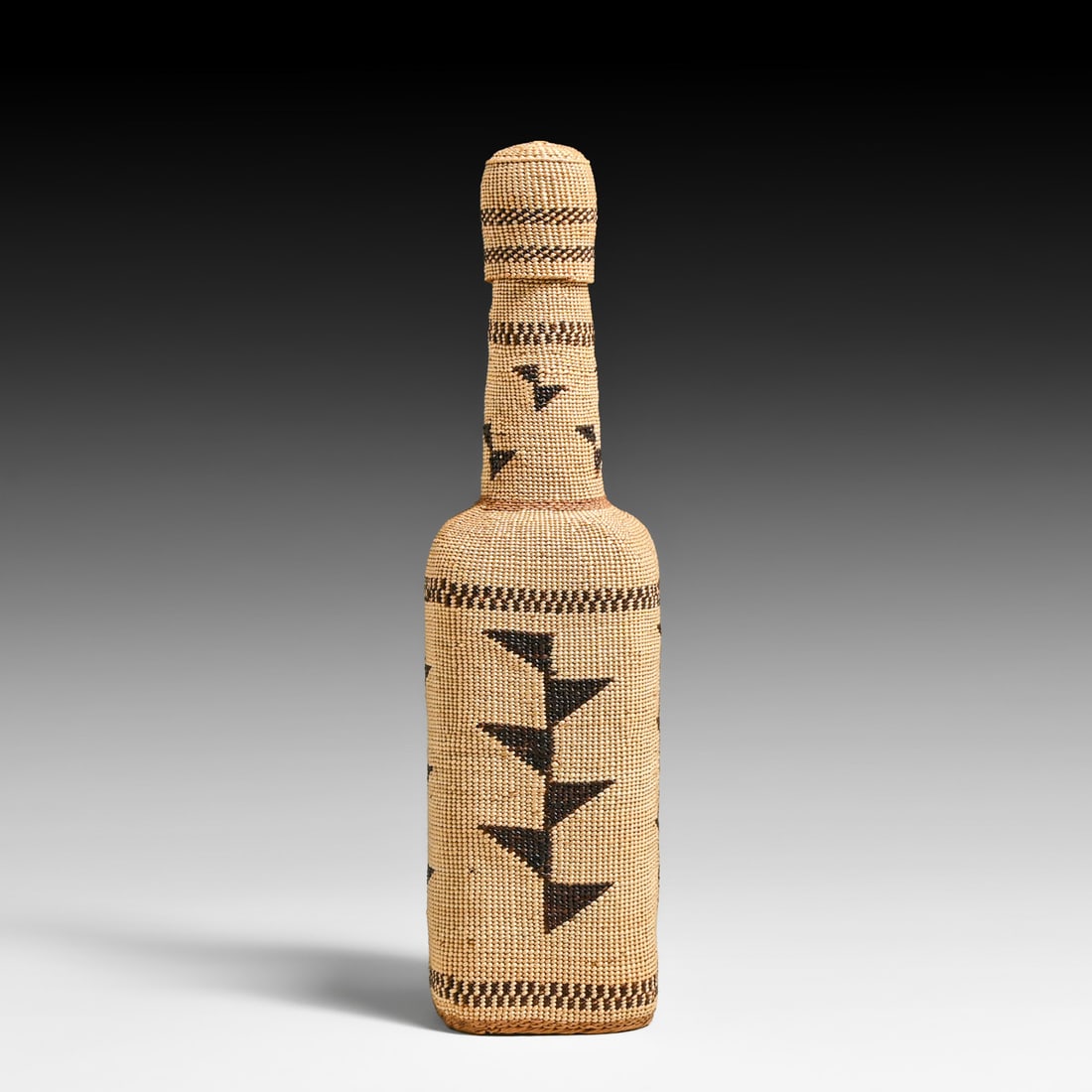 Native American - Northern California Karuk Basket-Covered Bottle & Lid c1910: Native American - Northern California Karuk Basket-Covered Bottle & Lid c1910. Old museum or collection label. Exquisite condition. 10.5"h x 2.75"d FREE NATIONWIDE SHIPPING Free Nationwide Shipping wi