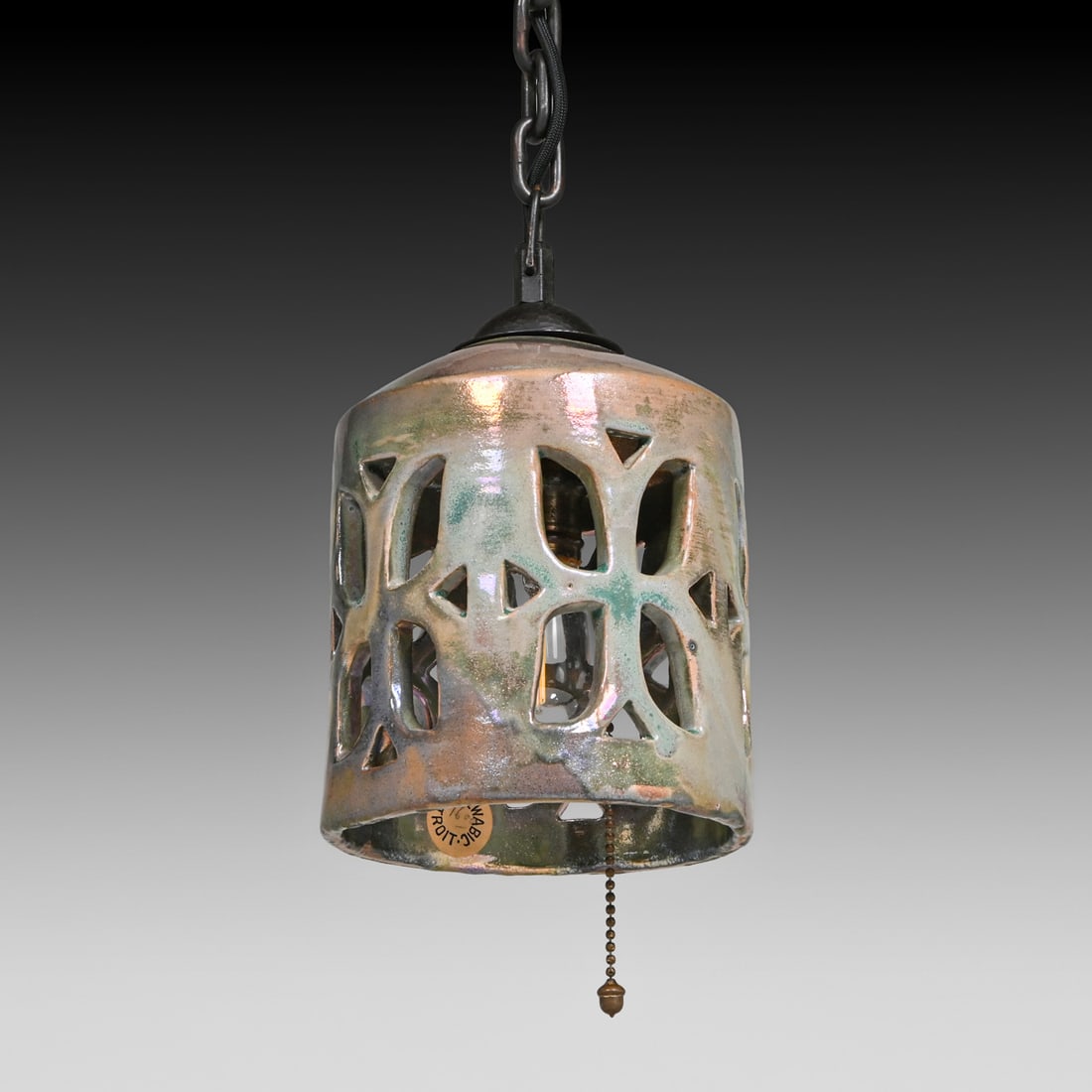 Pewabic Pottery Iridescent Cutout Hanging Lantern c1930s: Pewabic Pottery Iridescent Cutout Hanging Lantern c1930s. Signed with paper label. Perfect condition. 24.5"h overall. Lantern 7.5"h x 5.25"d. Ceiling plate 5 3/8"d FREE NATIONWIDE SHIPPING Free