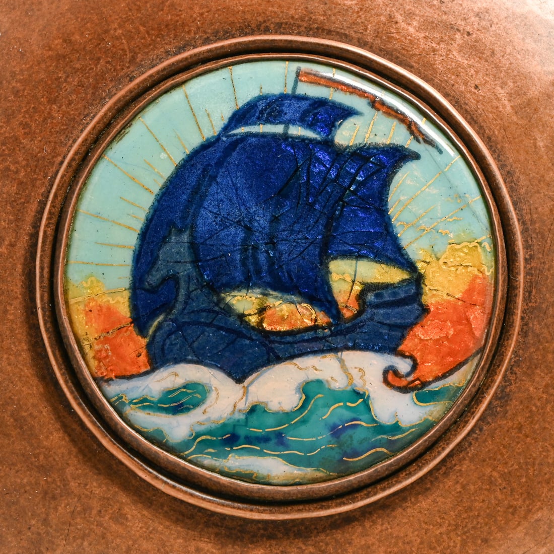 Gertrude Twichell - Boston Society of Arts & Crafts Hammered Copper & Enamel Covered Bowl c1910s: Gertrude Twichell - Boston Society of Arts & Crafts Hammered Copper & Enamel Covered Bowl c1910s. Unsigned. Excellent new patina. This piece features Twichell’s signature whimsical nautical motif,