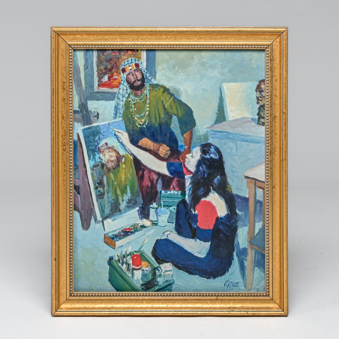Robert Milford Caples (1918-1996) Painting "The Portrait Session" c1950s: Robert Milford Caples (1918-1996) Painting "The Portrait Session" c1950s. Signed. Excellent condition. 28"h x 22"w. Frame 32.25"h x 26"w Caples’ celebrated commercial career as a background