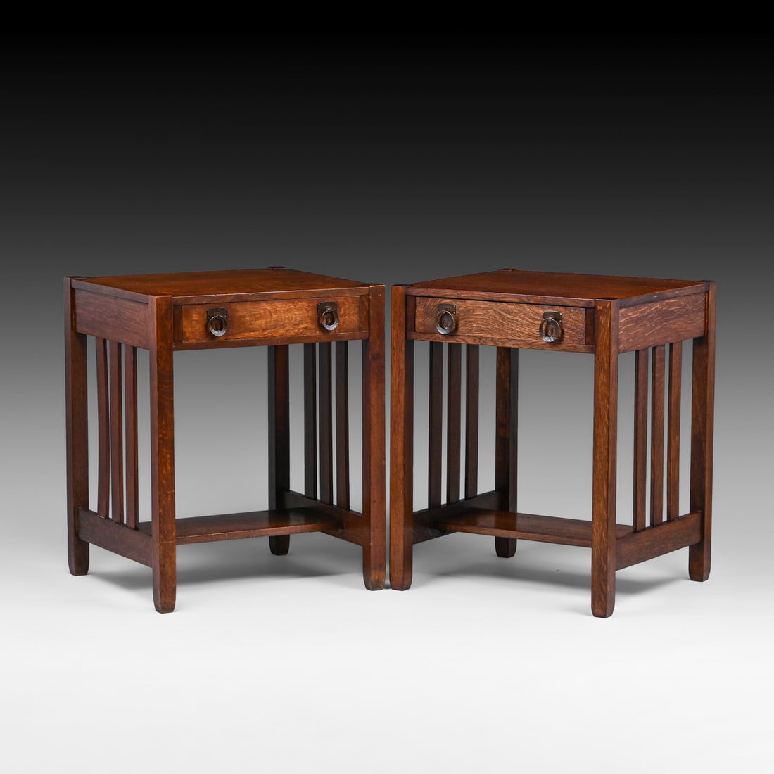 Pair Stickley Brothers One-Drawer Slatted Tables c1910: Pair Stickley Brothers One-Drawer Slatted Tables c1910. Exquisite hammered copper cutout hardware with its original patina. Unsigned. Top refinished perfectly to match excellent original finish. 30"h