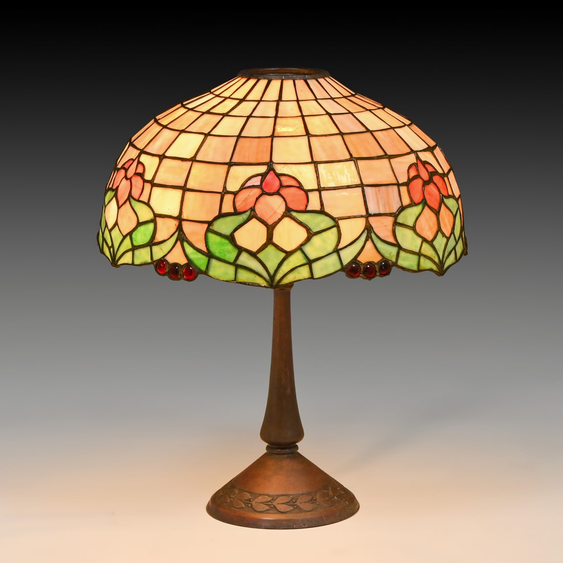 Handel Leaded Glass Lamp c1910: Handel Leaded Glass Lamp c1910. Signed. Excellent original patina. Several tight lines to original glass shade. 22.5"h x 17.5"d FREE NATIONWIDE SHIPPING Free Nationwide Shipping within the lower 48