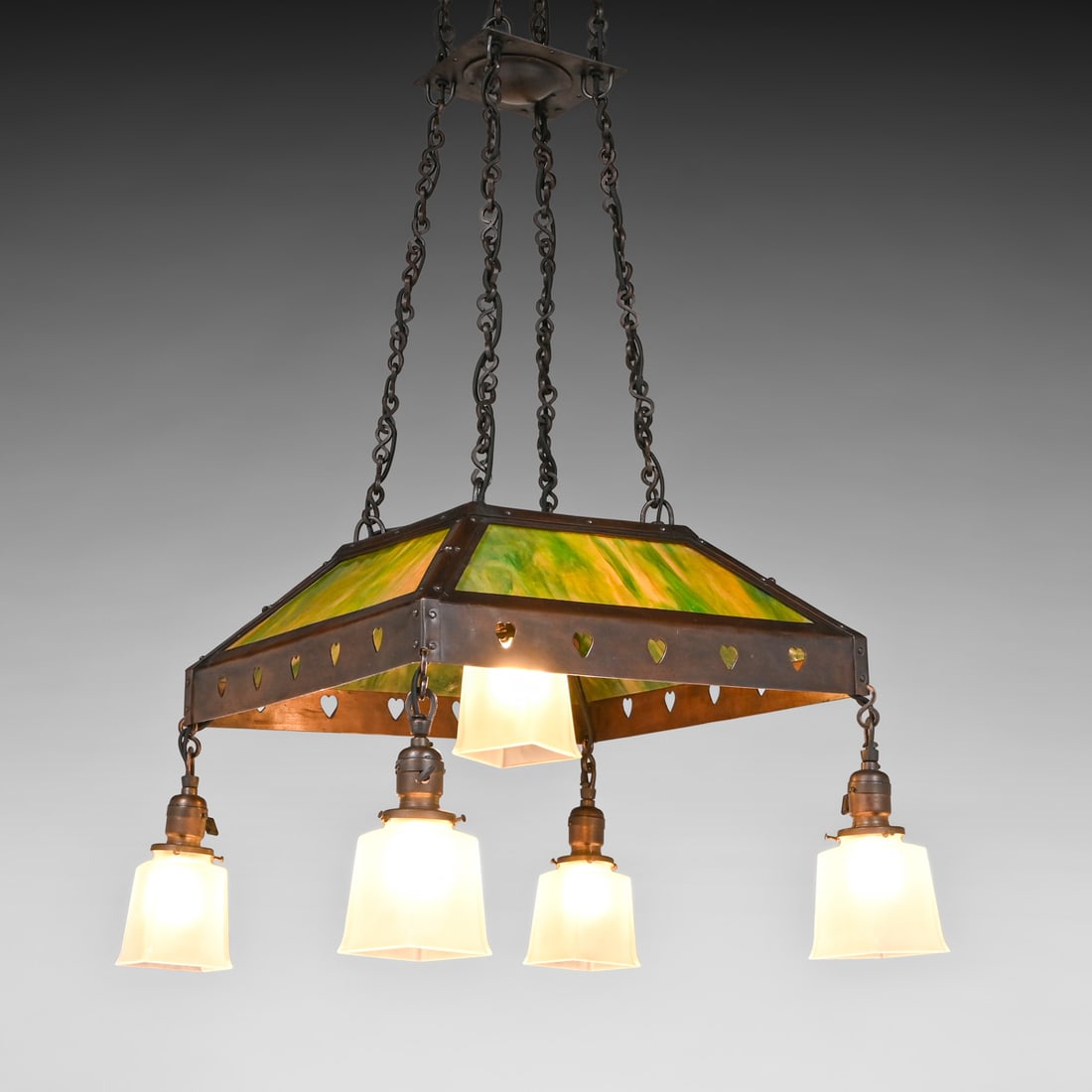 Extremely Rare Roycroft Copper & Slag Glass Chandelier c1905 (1 of 9)