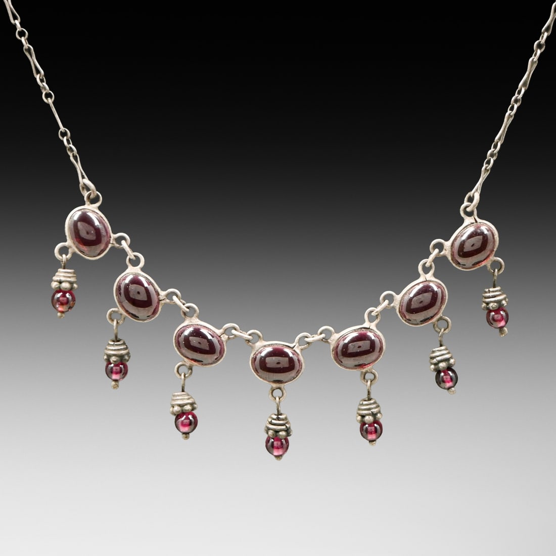Arts & Crafts Period Sterling Silver & Garnet Cabochon Festoon Necklace c1910: Arts & Crafts Period Sterling Silver & Garnet Cabochon Festoon Necklace c1910. Unsigned. 17" length FREE NATIONWIDE SHIPPING Free Nationwide Shipping within the lower 48 states for all purchases at