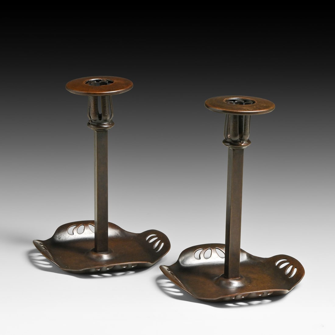 Pair Austrian Secessionist Art Nouveau Candlesticks c1900s: Pair Austrian Secessionist Art Nouveau Candlesticks c1900s. Signed. Excellent new patina. 6.25"h x 4.75"d FREE NATIONWIDE SHIPPING Free Nationwide Shipping within the lower 48 states for all