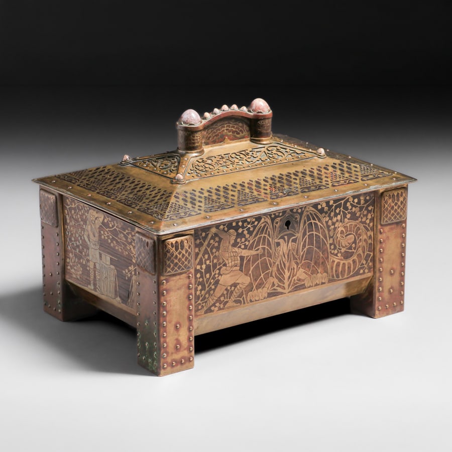 Important Erhard & Sohne – German Arts & Crafts Mahogany & Brass Jewelry Casket c1905: Important Erhard & Sohne – German Arts & Crafts Mahogany & Brass Jewelry Casket c1905. Agate cabochons and German folklore motifs. Unsigned. Excellent original patina. Erhard & Sohne was granted