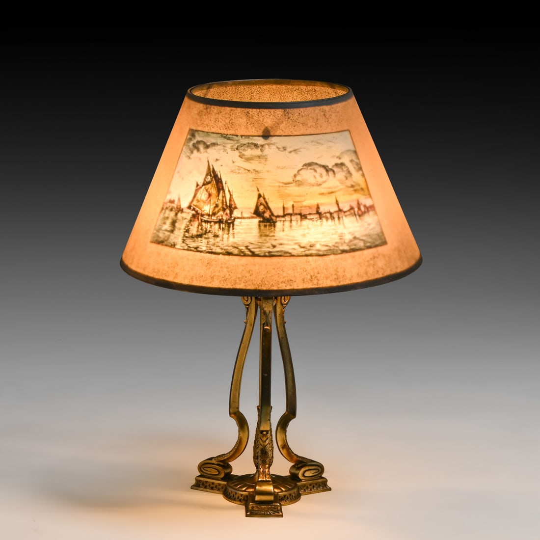 Pairpoint - New Bedford, CT New England Nautical Art Nouveau Reverse-Painted Glass Lamp c1920: Pairpoint - New Bedford, CT New England Nautical Art Nouveau Reverse-Painted Glass Lamp c1920. Signed. Excellent original patina. Original glass shade in perfect condition. 22"h x 16"d FREE