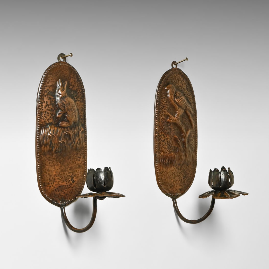 Arts & Crafts Period Repousse Hammered Copper Rabbit & Bird Candlesconces c1910: Arts & Crafts Period Repousse Hammered Copper Rabbit & Bird Candlesconces c1910. Unsigned. Excellent original patina. 10"h x 5.5"w x 4" depth FREE NATIONWIDE SHIPPING Free Nationwide Shipping within