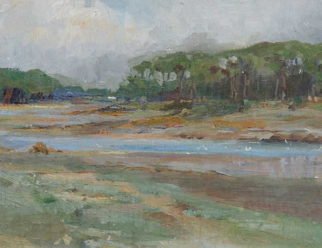 Grace Young (1869-1947) Marshlands Painting New Trenton, Indiana c1900s: Grace Young (1869-1947) Marshlands Painting New Trenton, Indiana c1900s. Signed on back. Some small flaking to interior, otherwise excellent condition. 13.5"h x 18.5"w. Frame 19"h x 23"w FREE