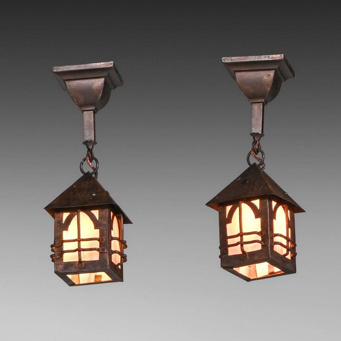 Arts & Crafts Period Brass & Slag Glass Pair Hanging Lights c1910: Arts & Crafts Period Brass & Slag Glass Pair Hanging Lights c1910. Unsigned. Original patina. Original slag glass panels in perfect condition. 15"h overall x 5.5" x 5.5" FREE NATIONWIDE SHIPPING Free