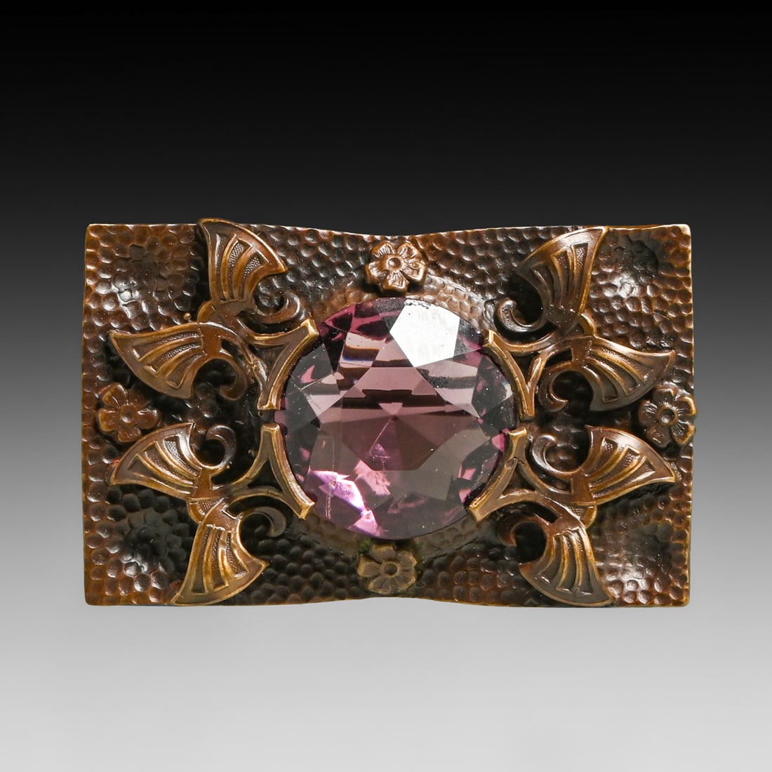 Arts & Crafts Period Hammered Copper & Faux Amethyst Sash Pin c1910: Arts & Crafts Period Hammered Copper & Faux Amethyst Sash Pin c1910. Unsigned. Excellent new patina. 3"w x 2" FREE NATIONWIDE SHIPPING Free Nationwide Shipping within the lower 48 states for all purch