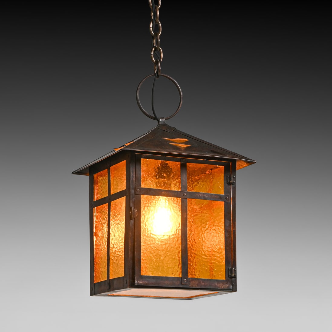 Arts & Crafts Period Hammered Copper & Amber Glass Hanging Light c1910 (1 of 7)
